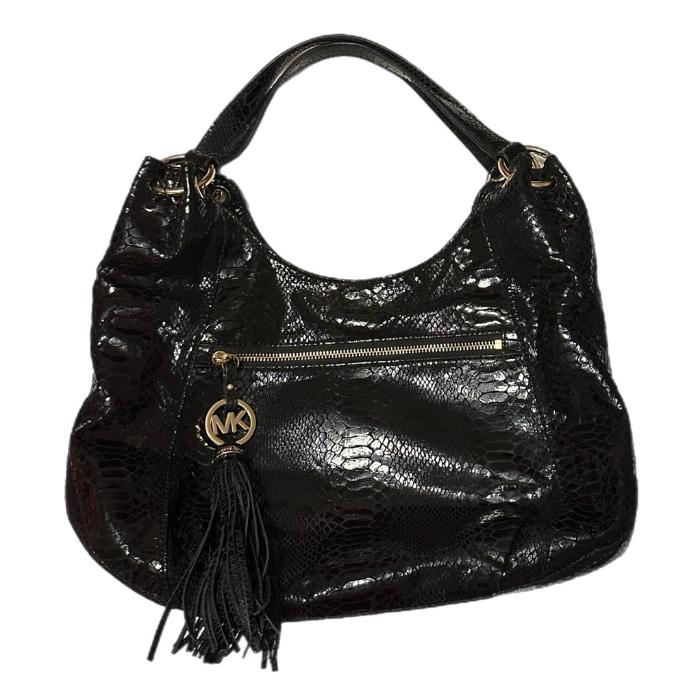 Michael Kors black, reptile print hobo style bag